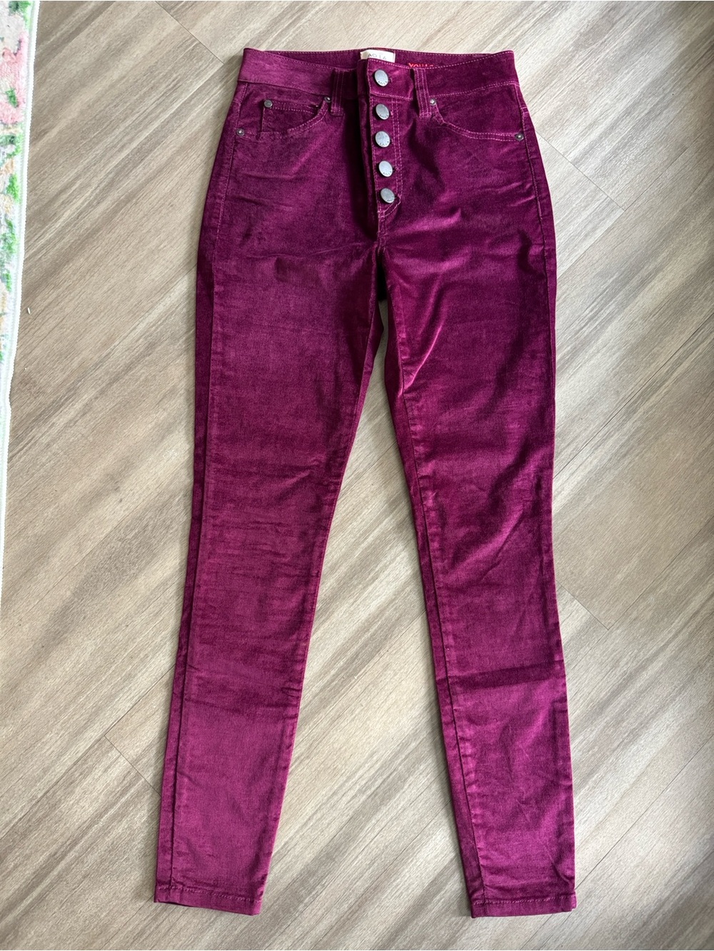 Alice + Olivia Magenta Velvet Skinny Jeans with Button-Front